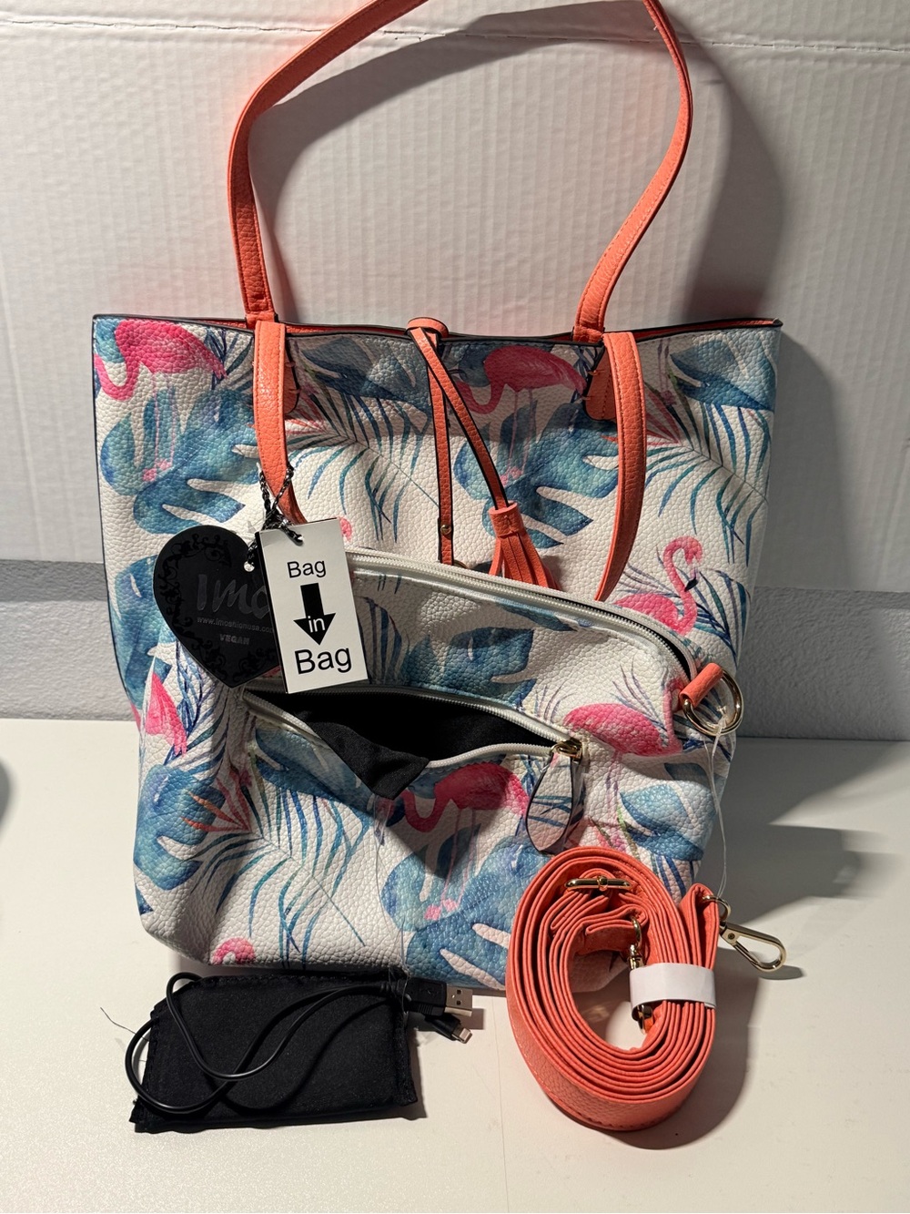 Coral Flamingo Print Tote Bag Reversible